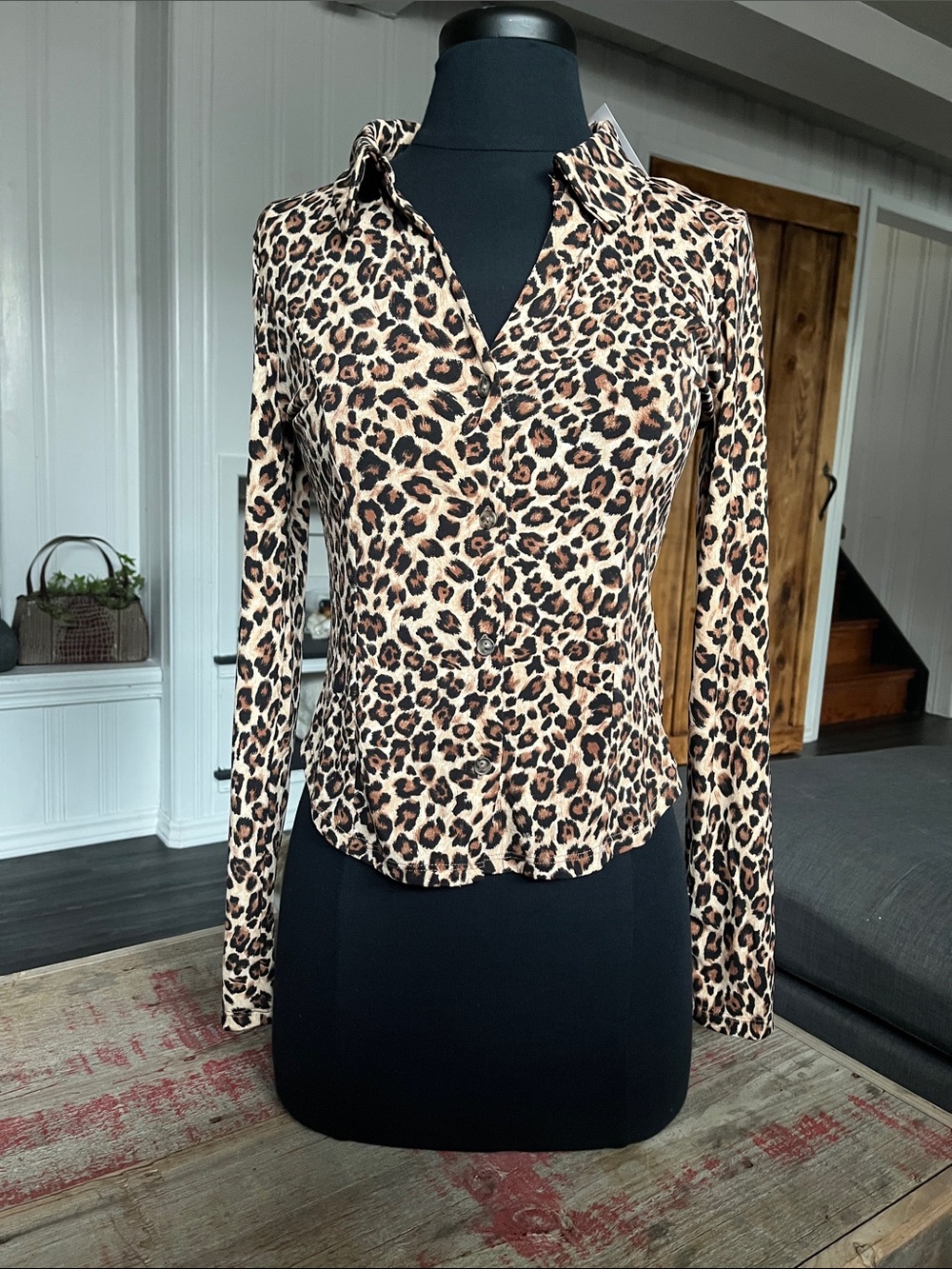 Leopard Print Long-Sleeve Button-Down Shirt in Beige/Black